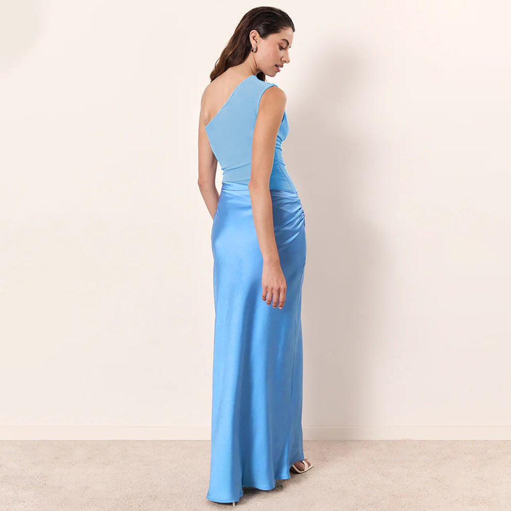 Women's Oblique Shoulder Long Sexy Sleeveless Pleated Hot Dress