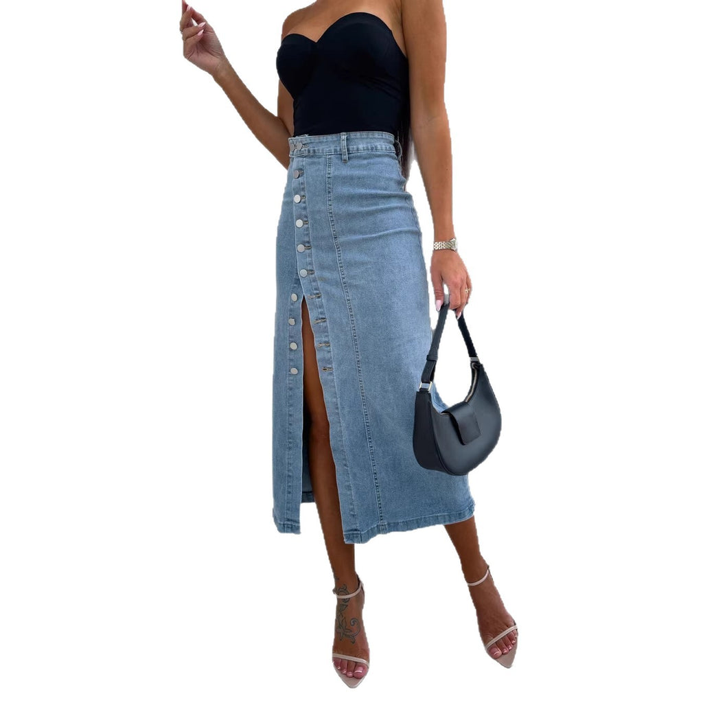 Women's Button Split Placket Denim High Waist Sexy Slim Fit Hip Skirt