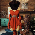 Women's Ruffled Floral Tassel Retro Western Style Solid Dress
