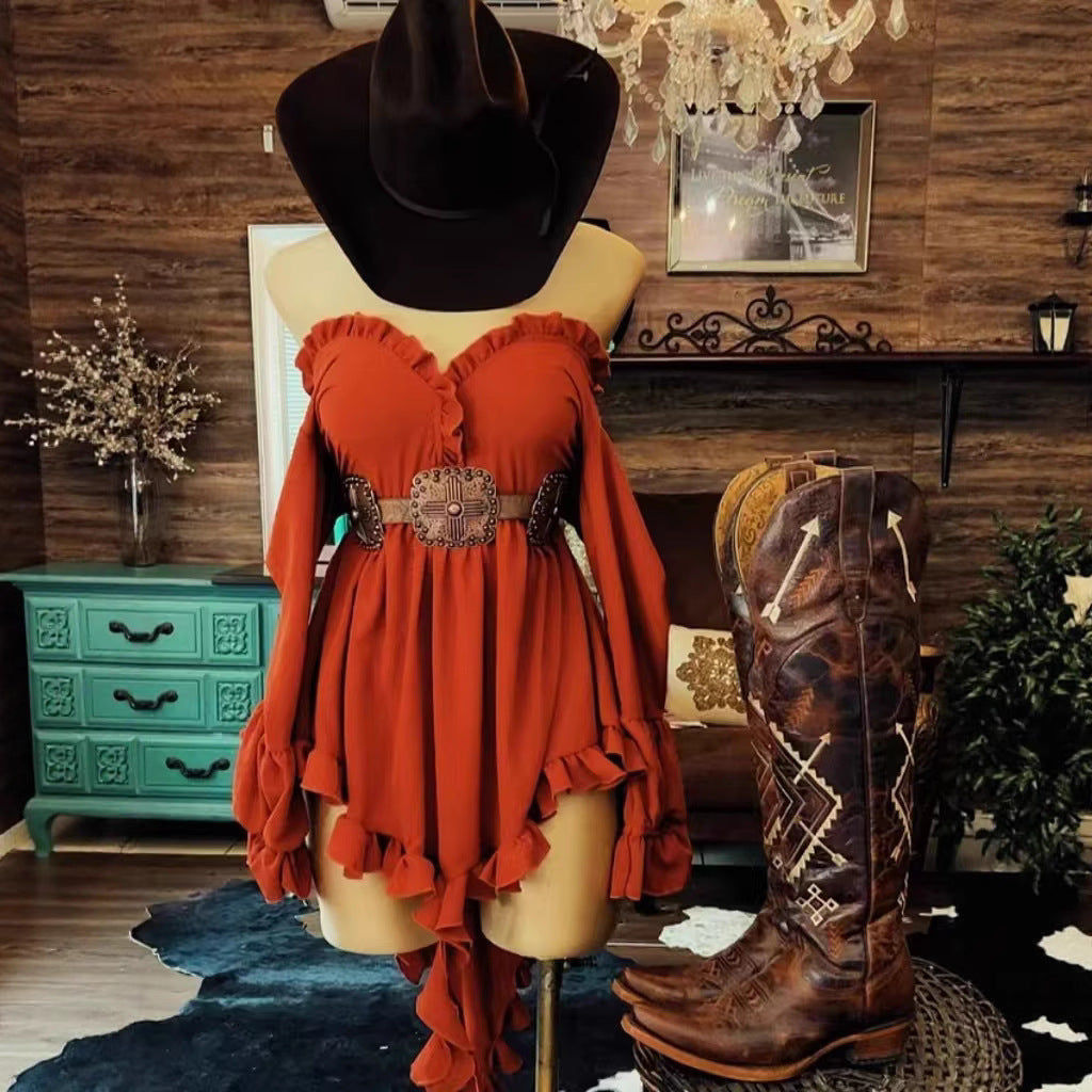 Women's Ruffled Floral Tassel Retro Western Style Solid Dress