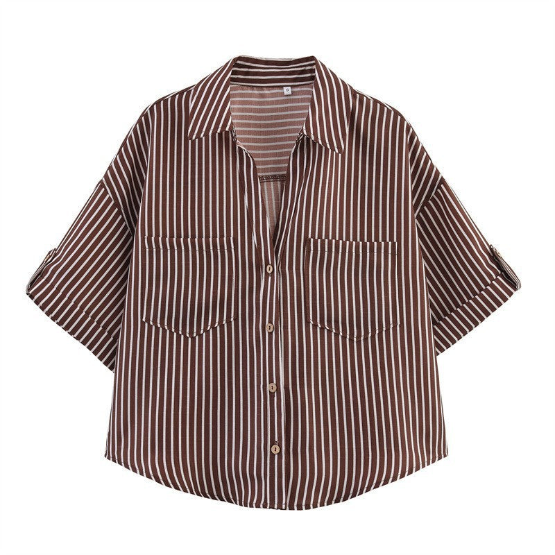 Women's Fashion Casual Lapel Striped Wide Sleeve Shirt Cotton Blouse