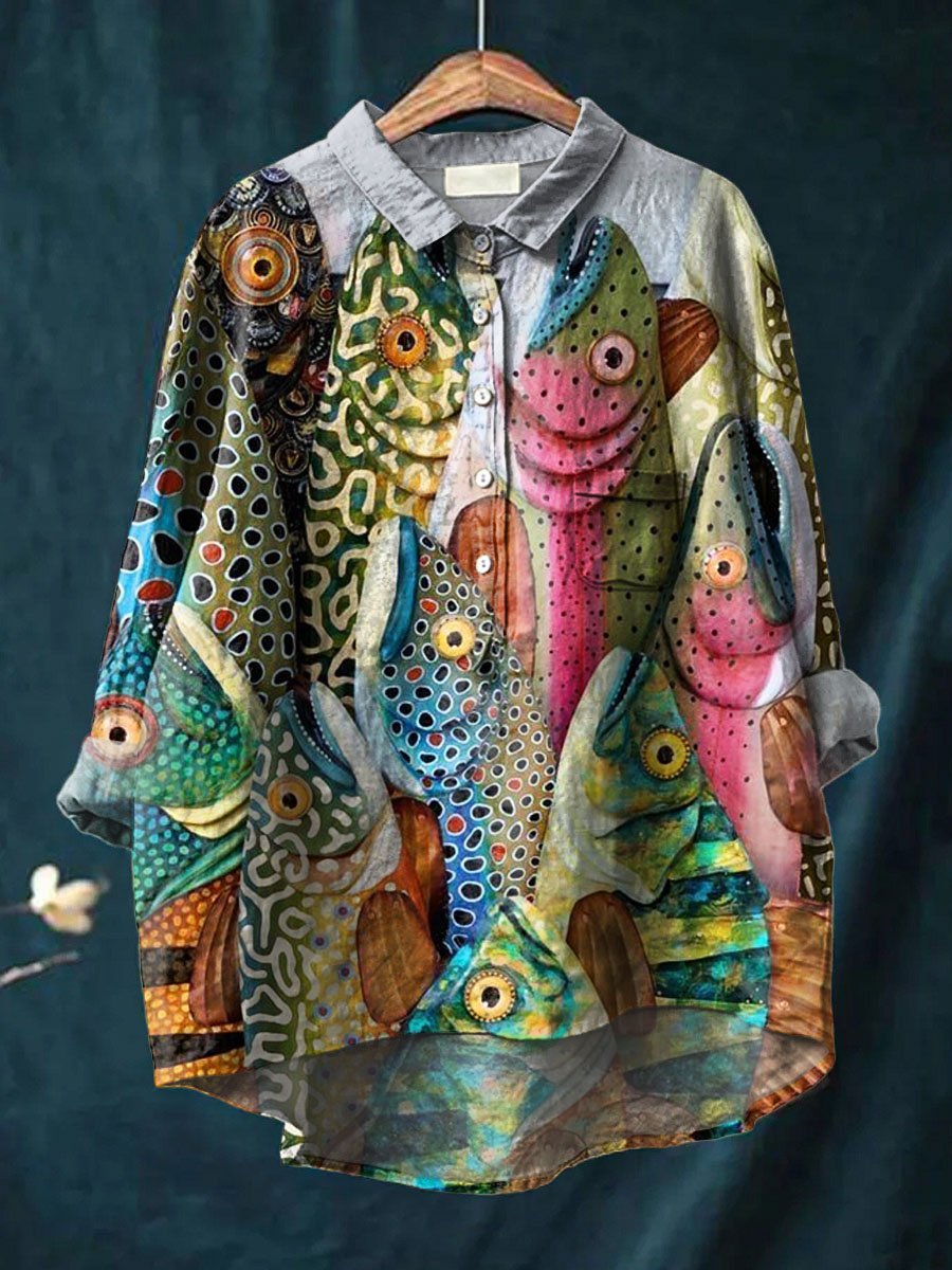 Women's Long-sleeved Personality Printing Lapel Comfortable Long Sleeve Half Button Blouse