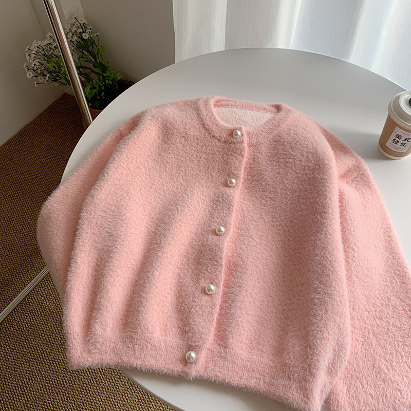 Women's Imitation Mink Pearl Buckle Outerwear Loose Women's Sweater