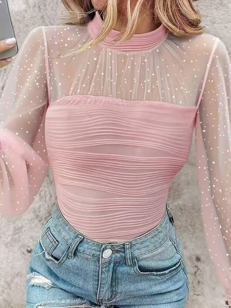 Pearl Mesh Stitching Long Sleeves Base Blouse