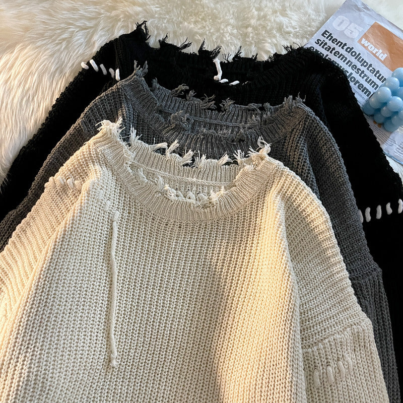 Design Sense Niche Male Female Trendy Ripped Round Neck Loose Women's Sweater