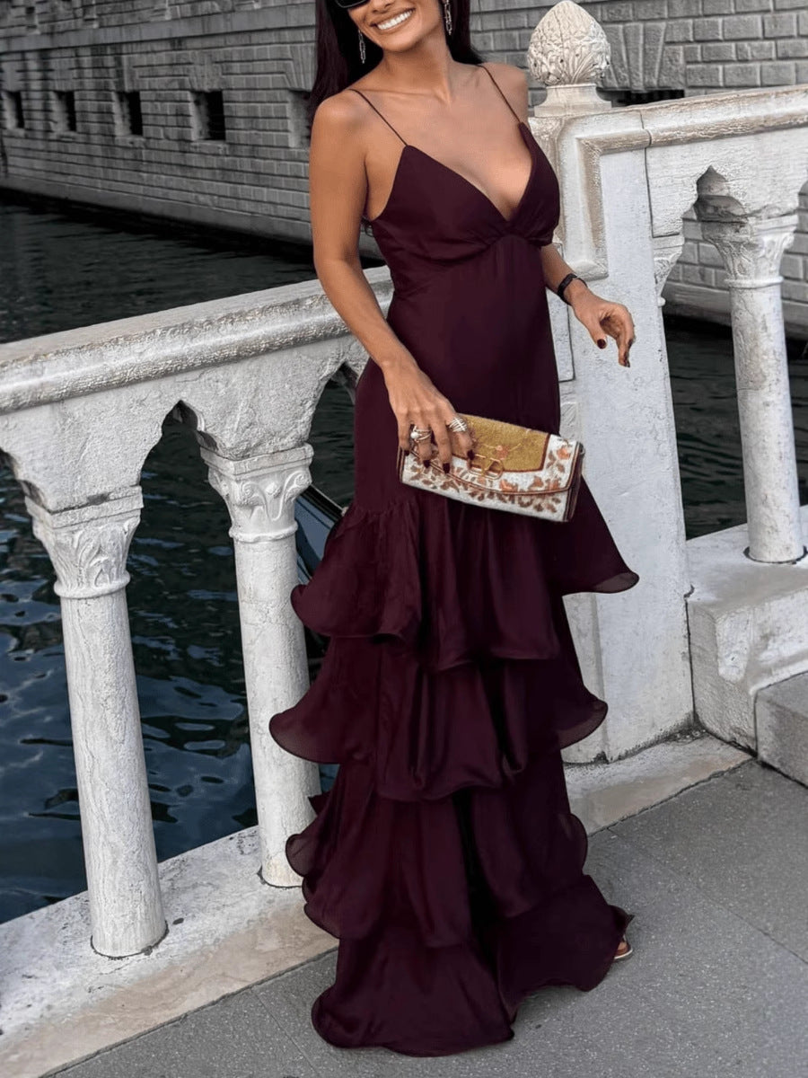 Women's French Deep V Tube Cinched Waist Sling Dress