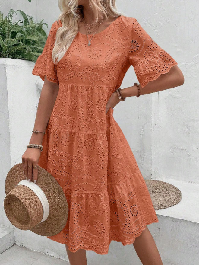 Fashion Solid Color Cotton Cloth Embroidery Dress