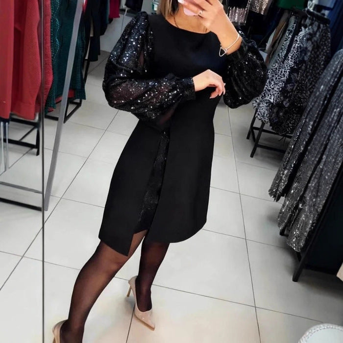 Durable Elegant Stitching Sequined Puff Sleeve Dress