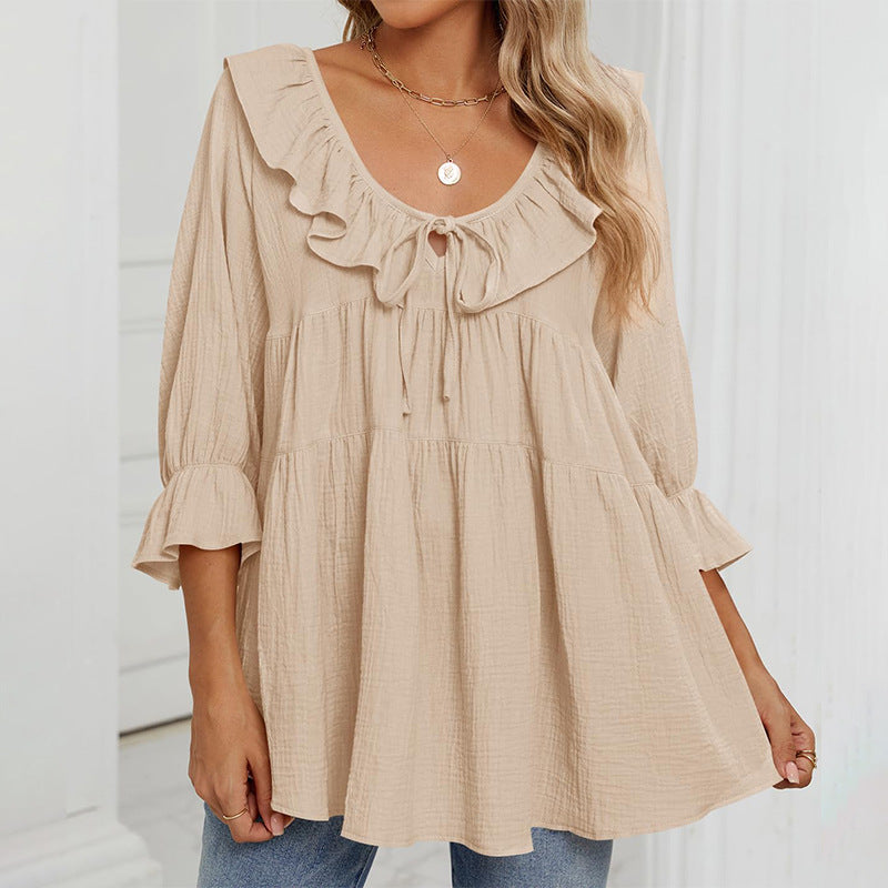 Women's Neck Tied Front Dart Loose Waist Women's T-shirt
