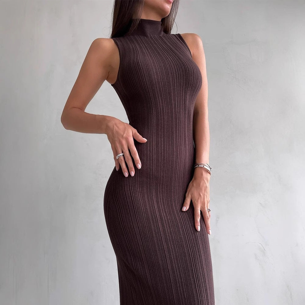Women's Knitted Turtleneck Sleeveless Tight Midi Elegant Dress