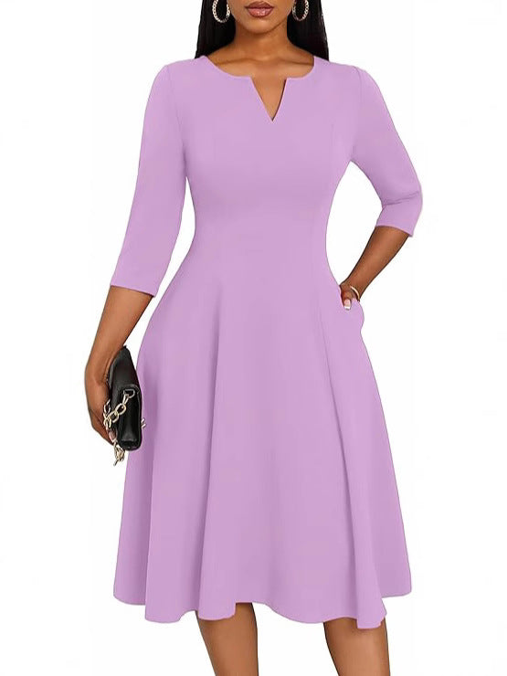 Mid-length Flared Three-quarter Sleeve Guest Work Dress