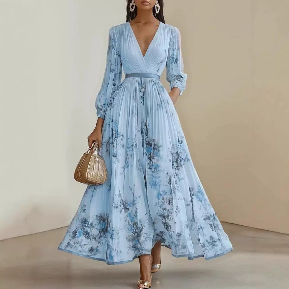 Women's Printed Long Sleeve Fashion Pleated Dress