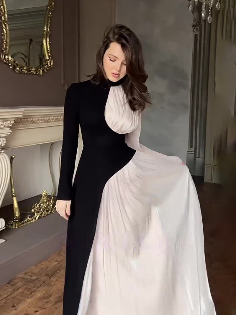 Women's Irregular Color Contrast Patchwork High Waist Pleated Slingback Long Dress