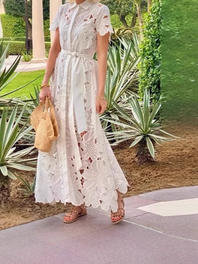 Women's Fashion Casual Lace Solid Color Single-breasted Dress
