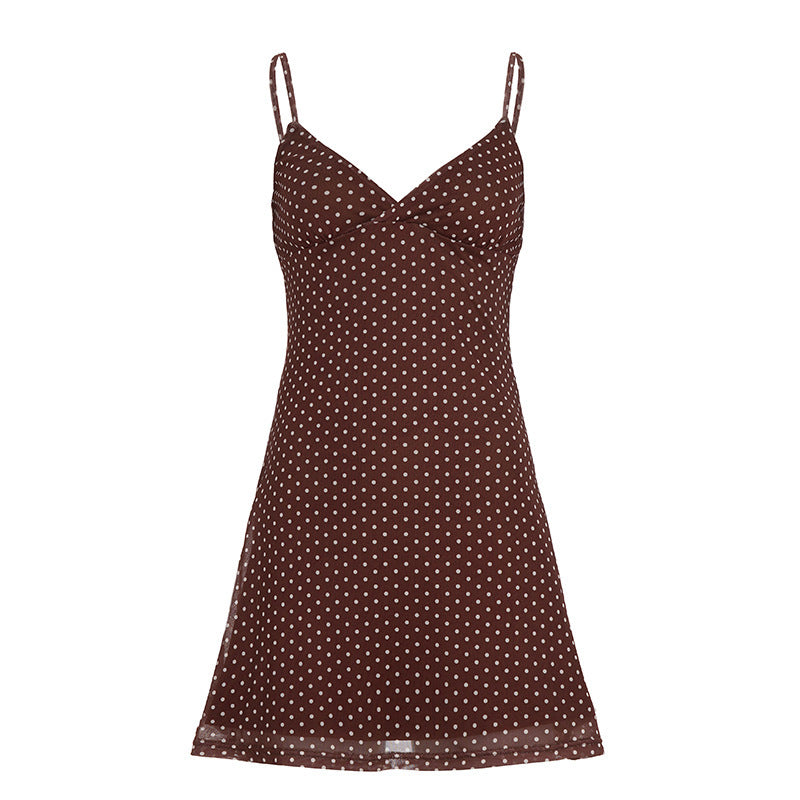 Dot Print Contrast Color Basic A- Line Slip Hot Backless Dress