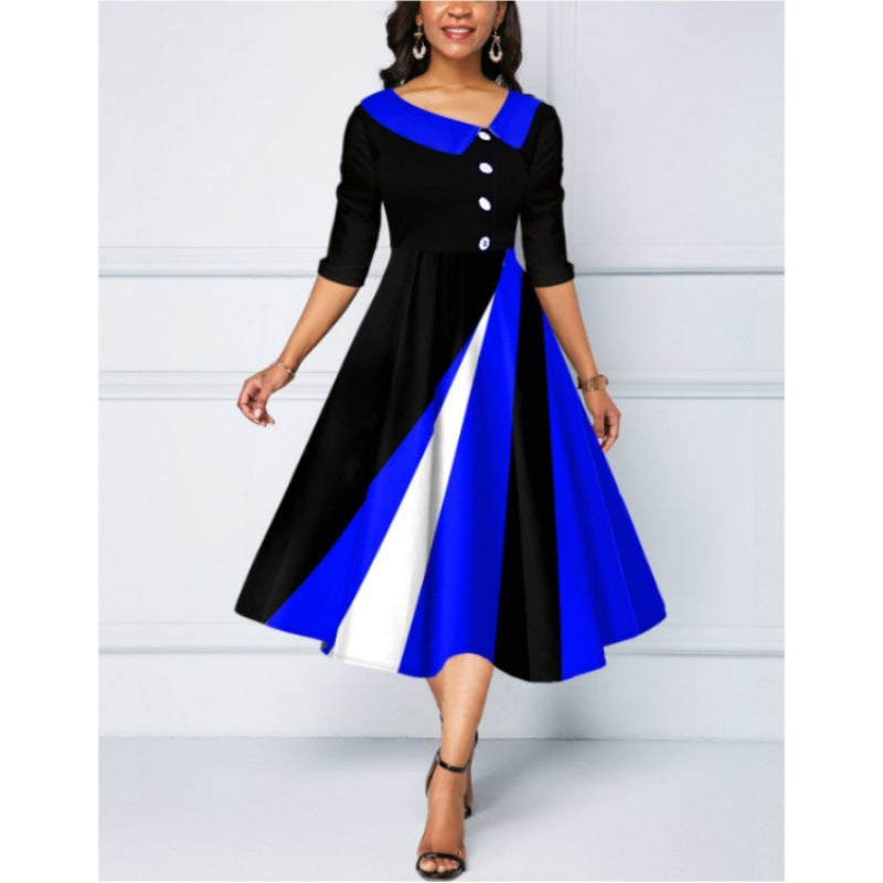 Women's Fastener Decoration Printed Large Swing Sleeve Dress
