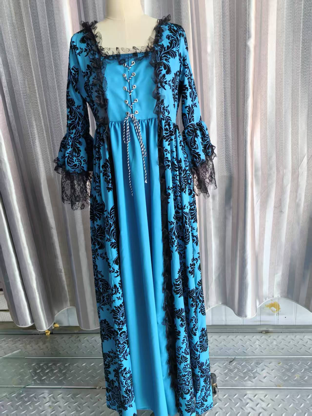Vintage Court Printed Lace Stitching Flared Sleeve Plus Size