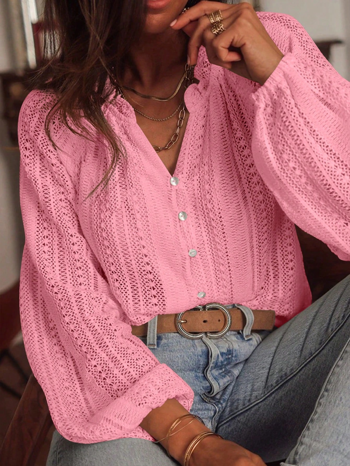 Loose Fashion Versatile Lace Single-breasted Long Sleeve Women's T-shirt