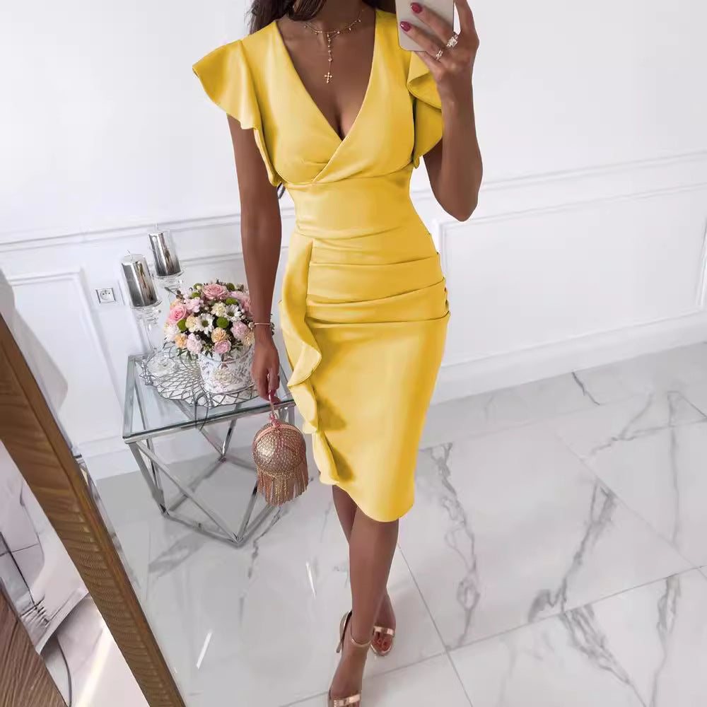 V Sexy High Waist Sheath Pleated Dress
