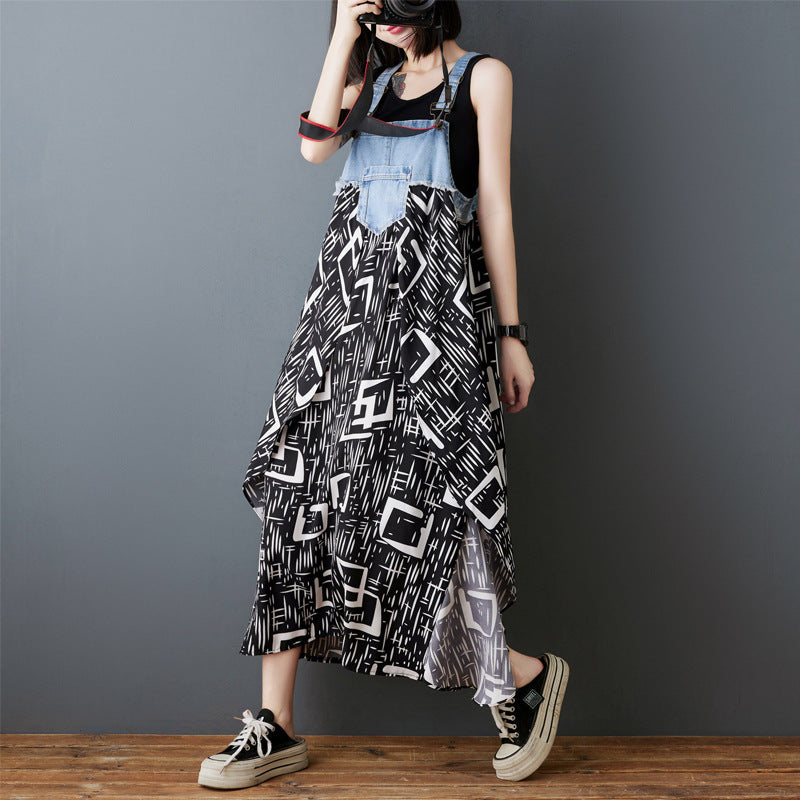 Color Loose Denim Stitching Floral Strap Dress