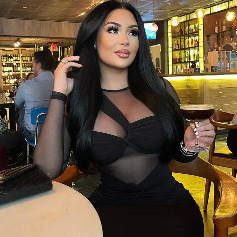 Women's Round Neck Mesh Stitching Long-sleeved Mid-length Dress