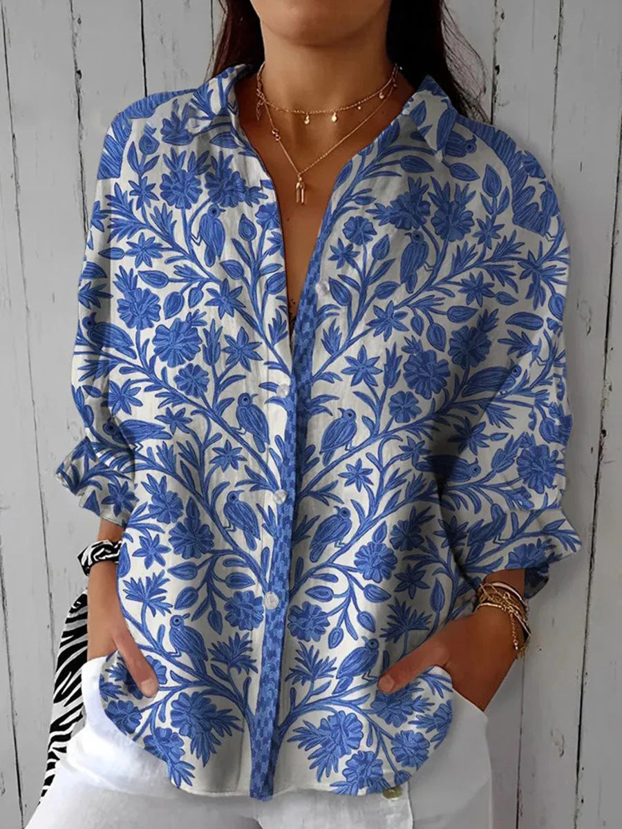 Women's Digital Printing Lapel Long Sleeve Linen Blouse