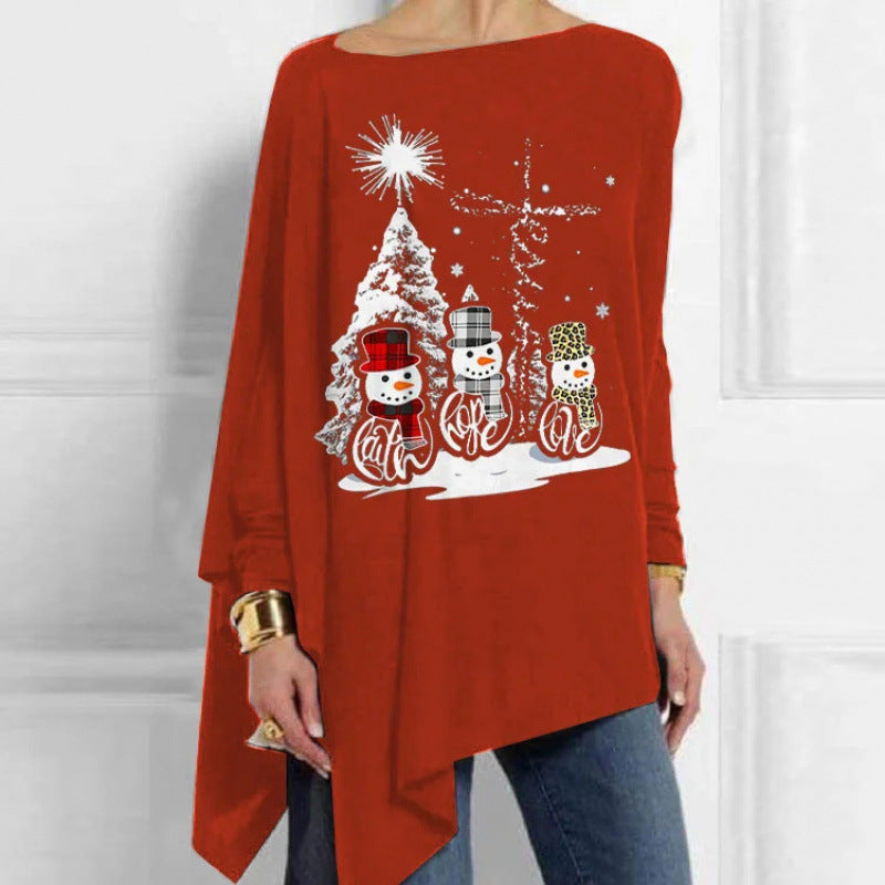 Autumn Irregular Hem Loose Casual Print Batwing Sleeve Bottoming Women's T-shirt