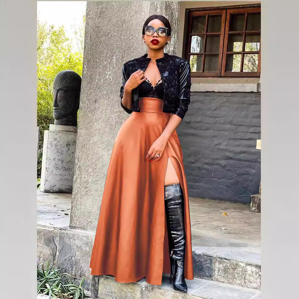 Classic Sexy Leather High Slit Irregular Skirts