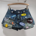 Leopard Print A- Line Large Pocket Denim High Waist Skirt