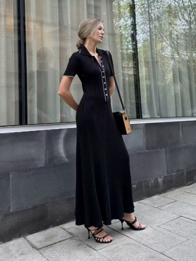 Slim Knit Lapel Collar Elegant Knitted Dress