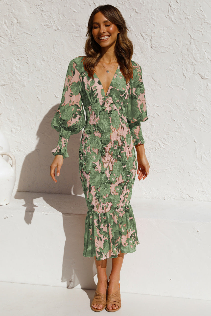 Women's Elegant Elastic Waist Long Sleeve Printed Skirts