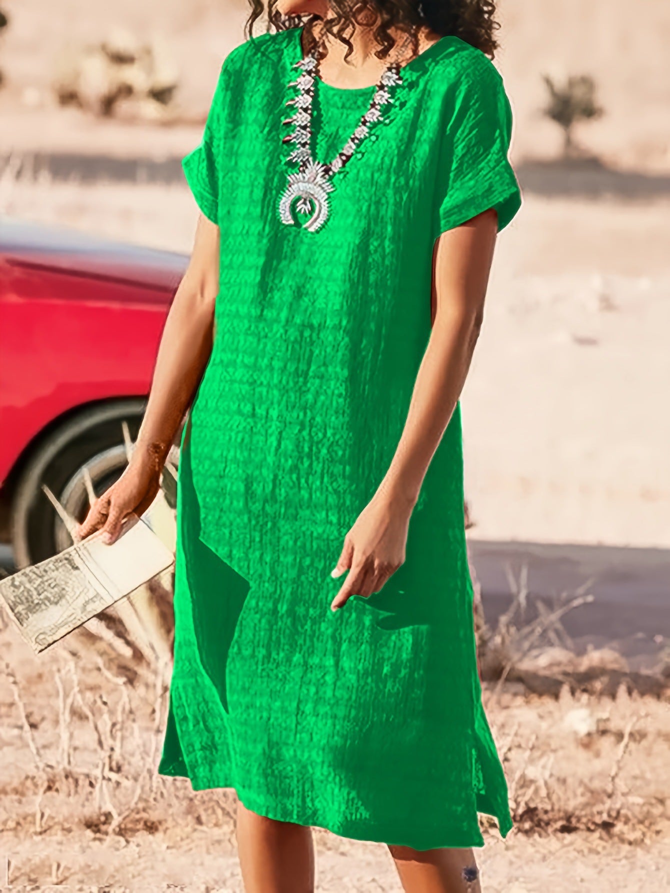 Women's Short-sleeved Casual Round Neck Side Slit Dress