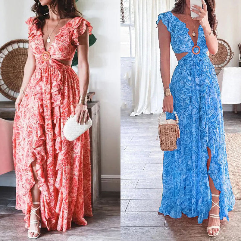 Women's Spring Fashion Printed Ruffled Split Dress