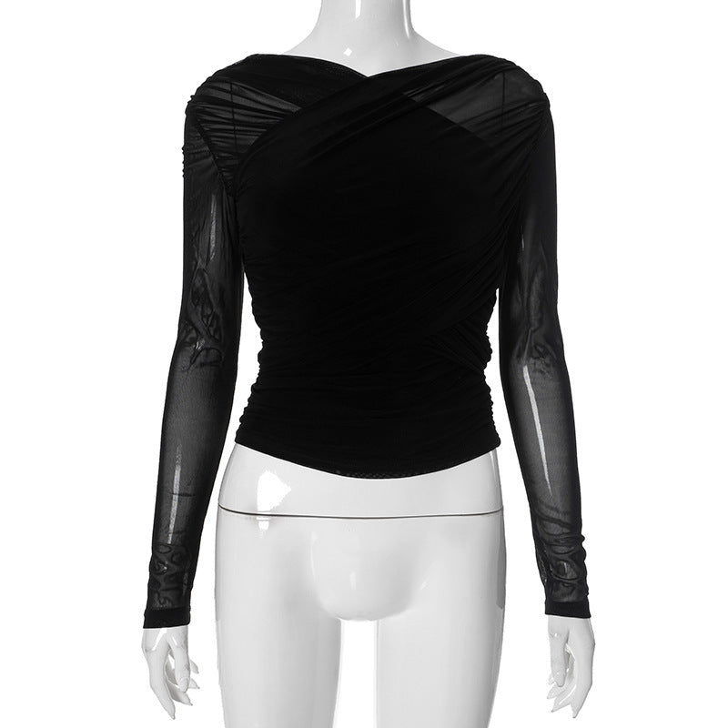 Women's Autumn Pure Color Mesh Sexy Pleated Tops