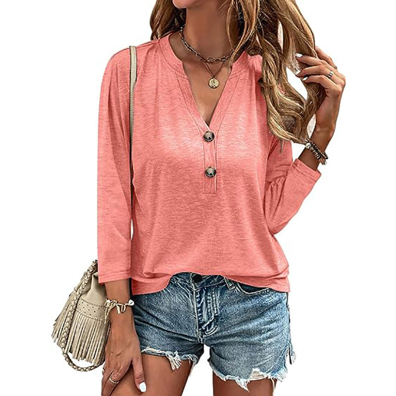 Women's Loose Solid Color Buttons Decorative Sleeve Tops