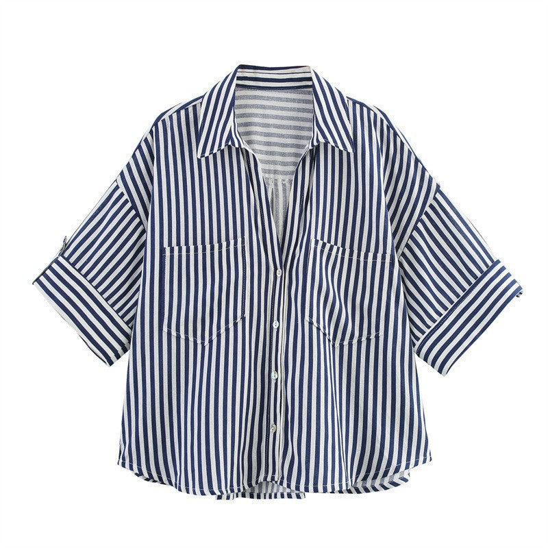 Women's Fashion Casual Lapel Striped Wide Sleeve Shirt Cotton Blouse