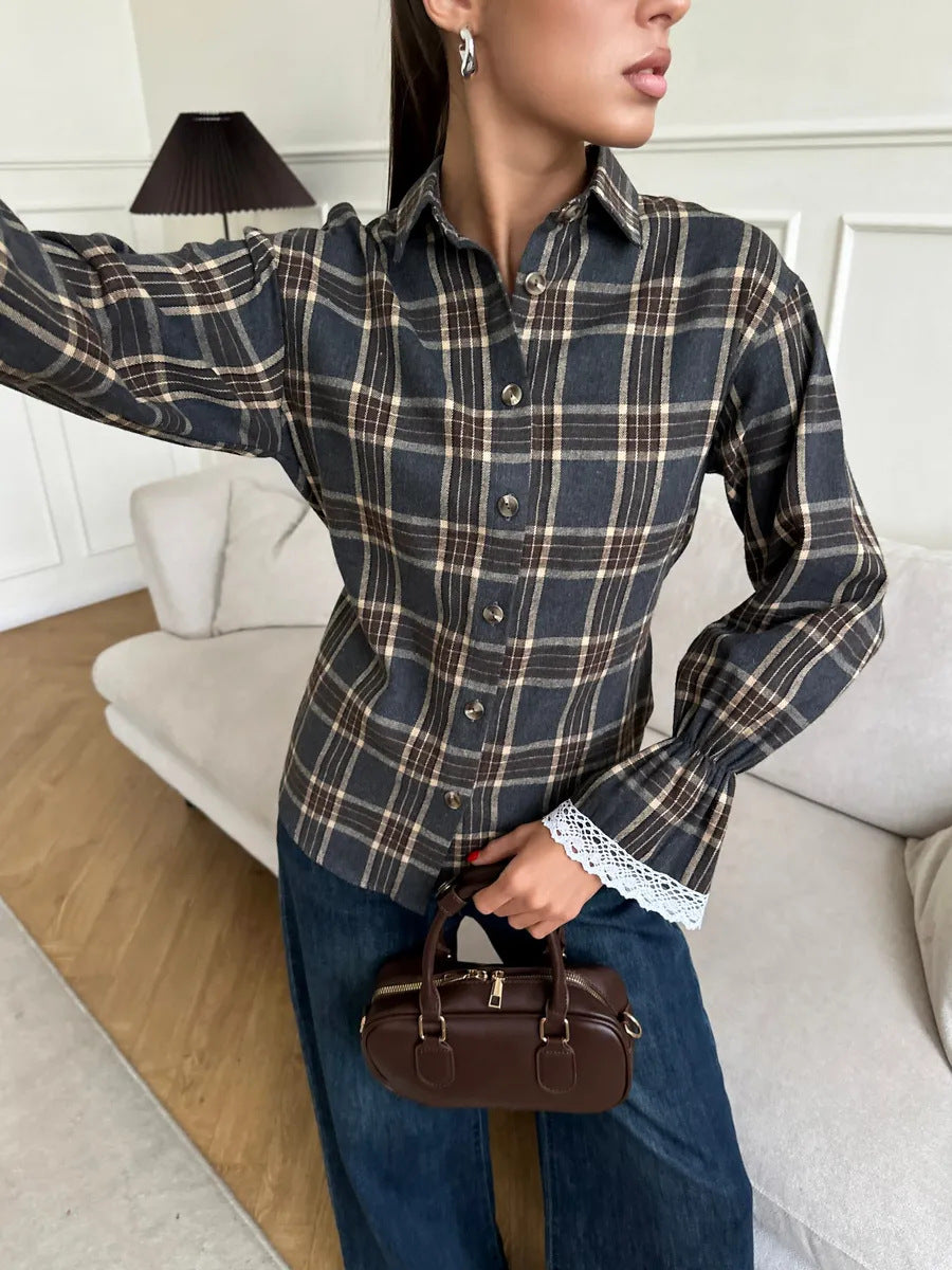 Versatile Design Slim Fit Shirt Plaid Long Blouses