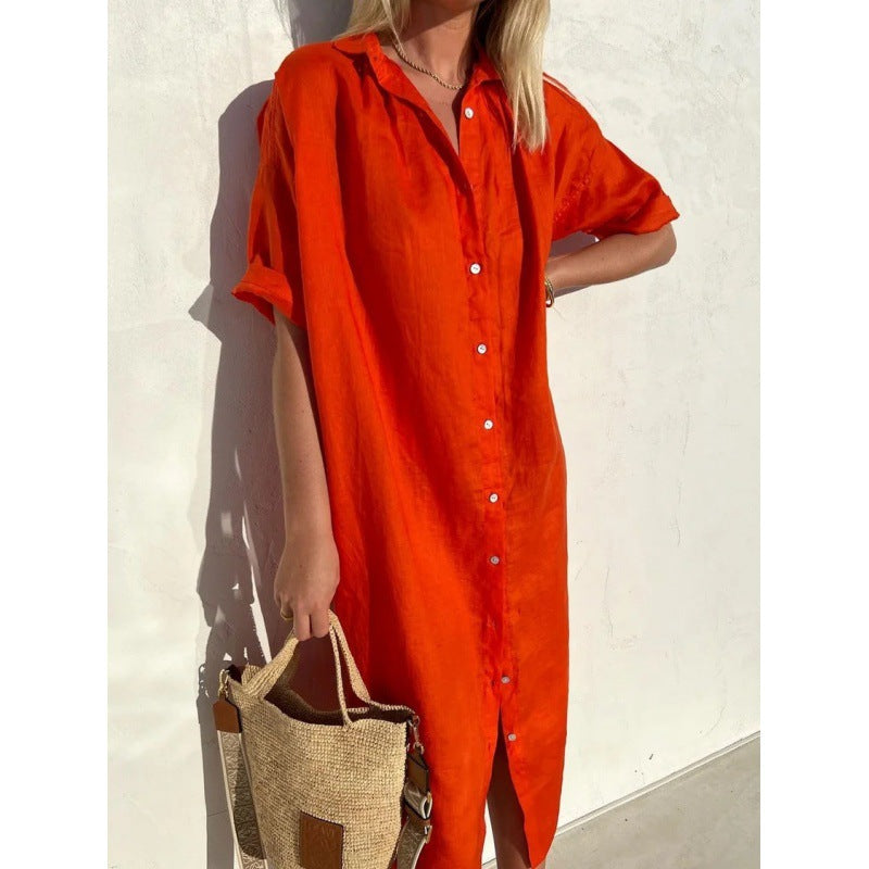 Women's Elegant Casual Loose Sleeves Button Cotton Linen Long Pocket Shorts