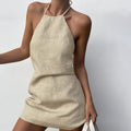 Women's Cotton Linen Backless Sexy Hot Halter A- Dress