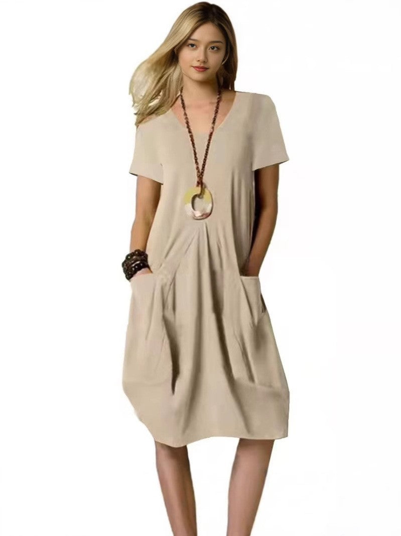 Fashion Solid Color Cotton Linen Patch Dress