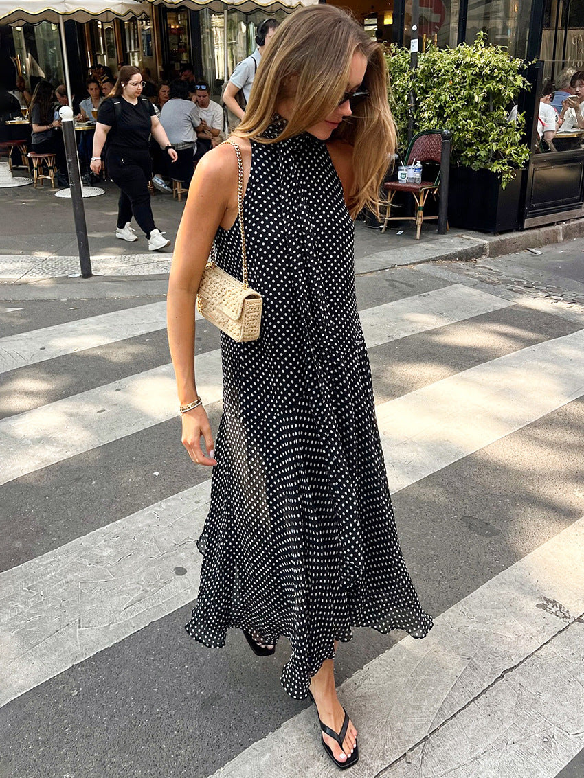 Women's Fashion Elegant Halter Polka-dot Long Dress