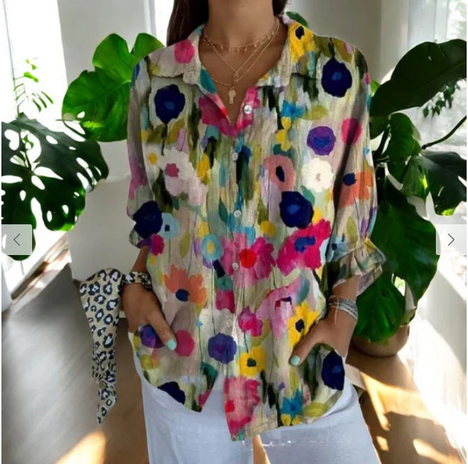 Women's Color Matching Printed Pattern Autumn Casual Loose Shirt Blouse