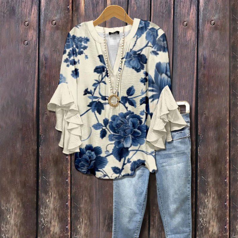 Women's Bubble Wrinkle Floral Element Digital Printing Casual Trend Women's T-shirt