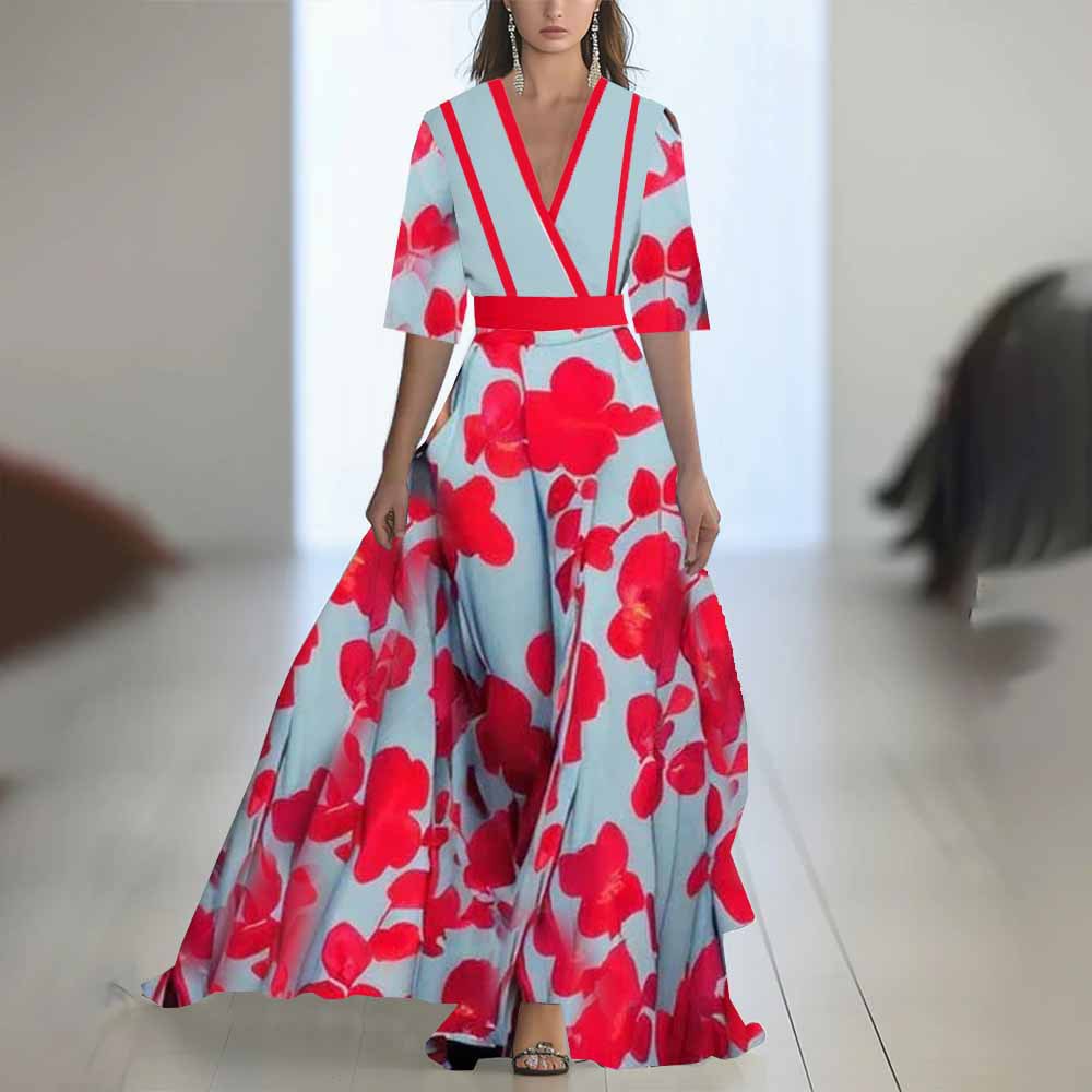 Women's Digital Printing Long Sleeve Collar Patchwork Dress