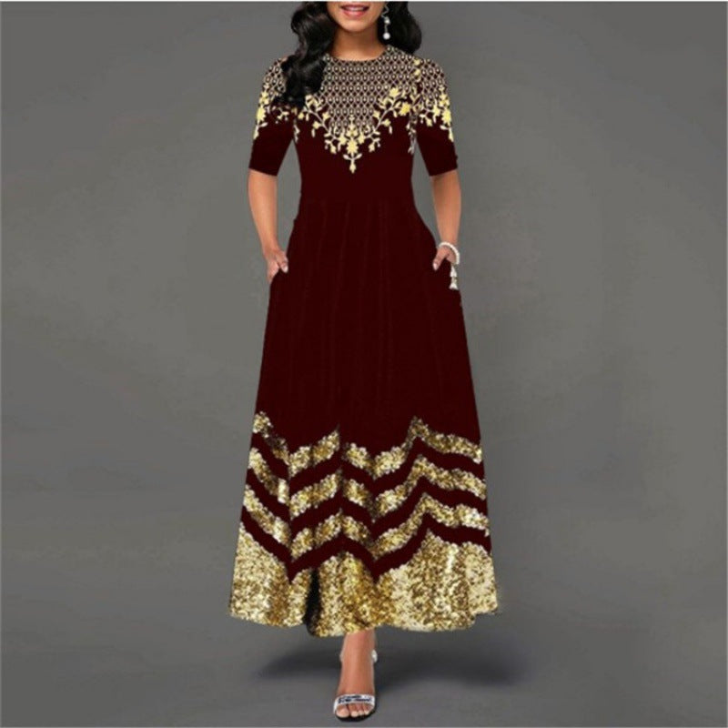 Women's African Long Round Neck Elegant Retro Dress