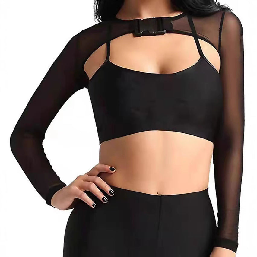 Front Shawl Fishnet With Buckle Long Women's T-shirt