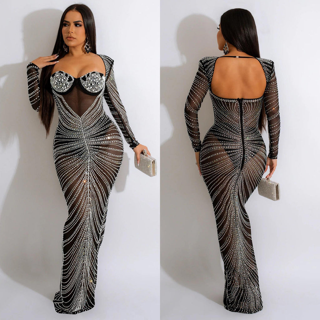 Women's Fashion Wear Hot Drilling Mesh Long Dress