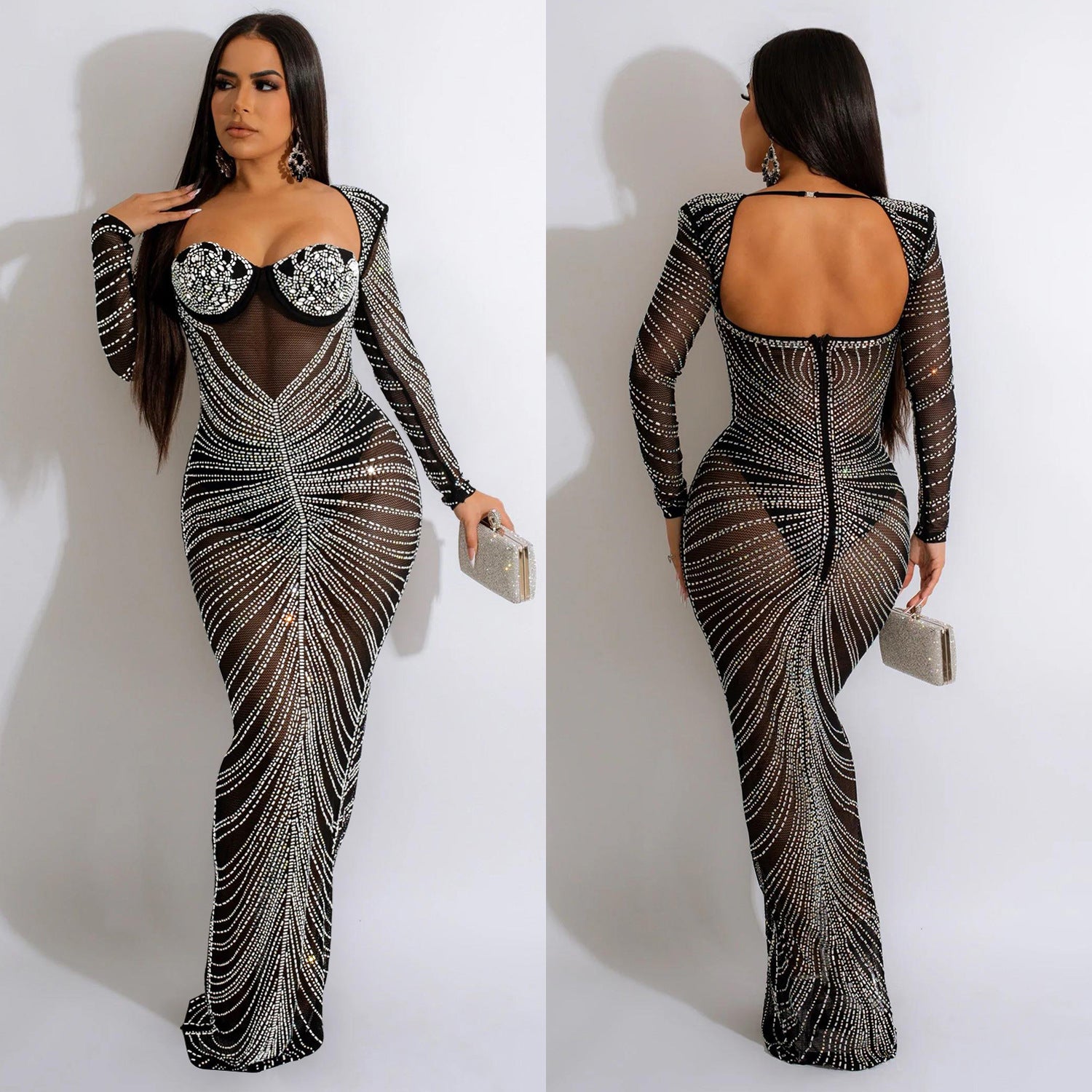 Women's Fashion Wear Hot Drilling Mesh Long Dress