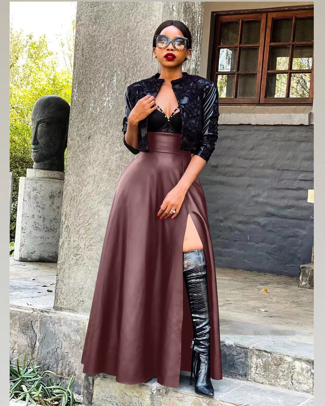 Classic Sexy Leather High Slit Irregular Skirts