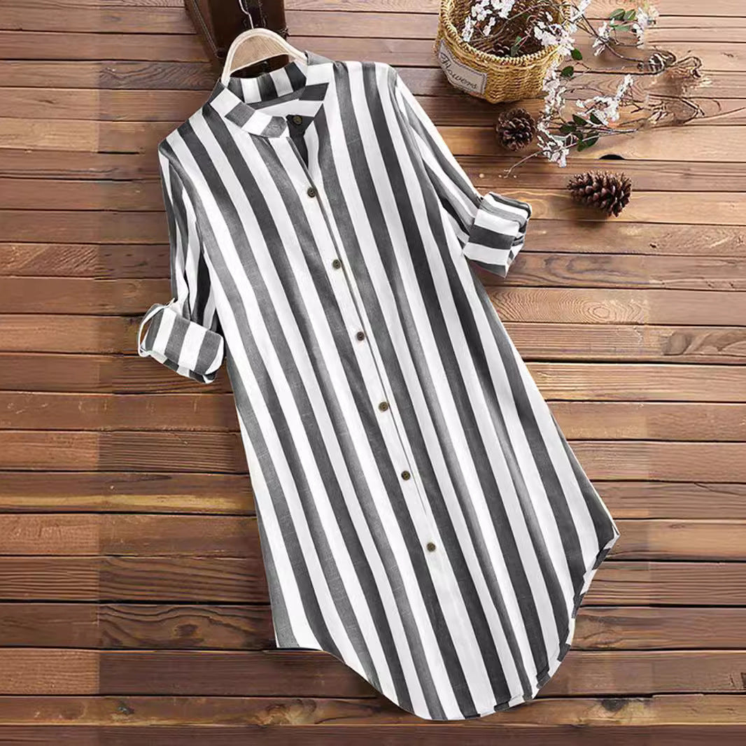 Women's Mid-length Casual Striped Shirt Long Sleeve Plus Size